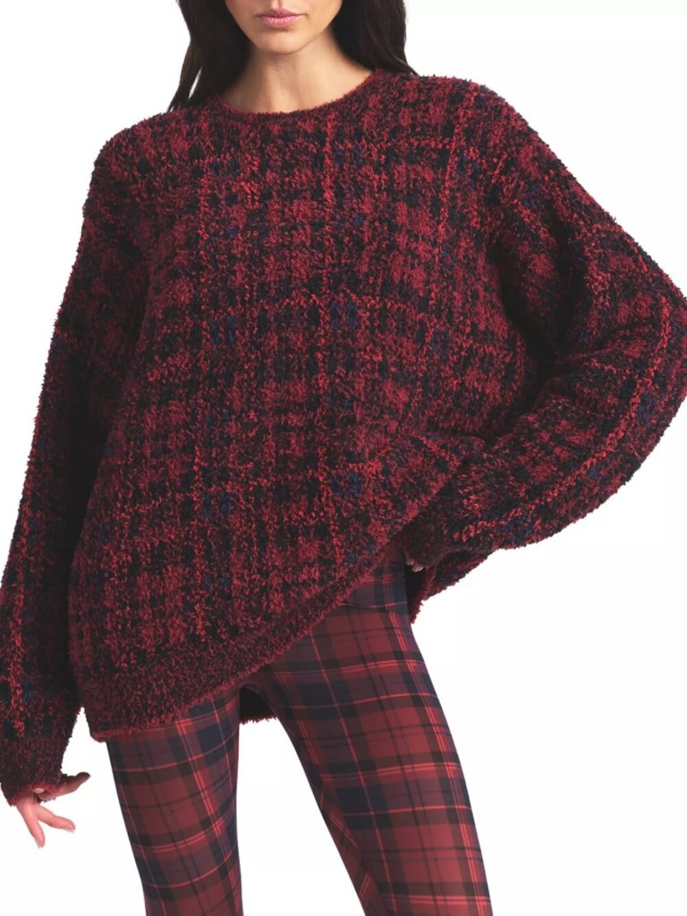 🌸 SKIMS Cozy Oversized Crewneck Pullover |Merlot Navy Plaid| Size XXS/XS | NWT